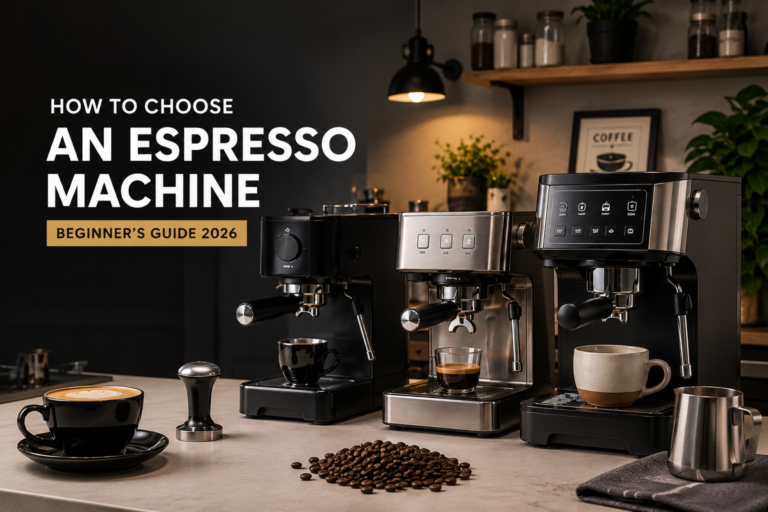 How to choose an espresso machine for home use with different espresso machines displayed on a modern kitchen countertop