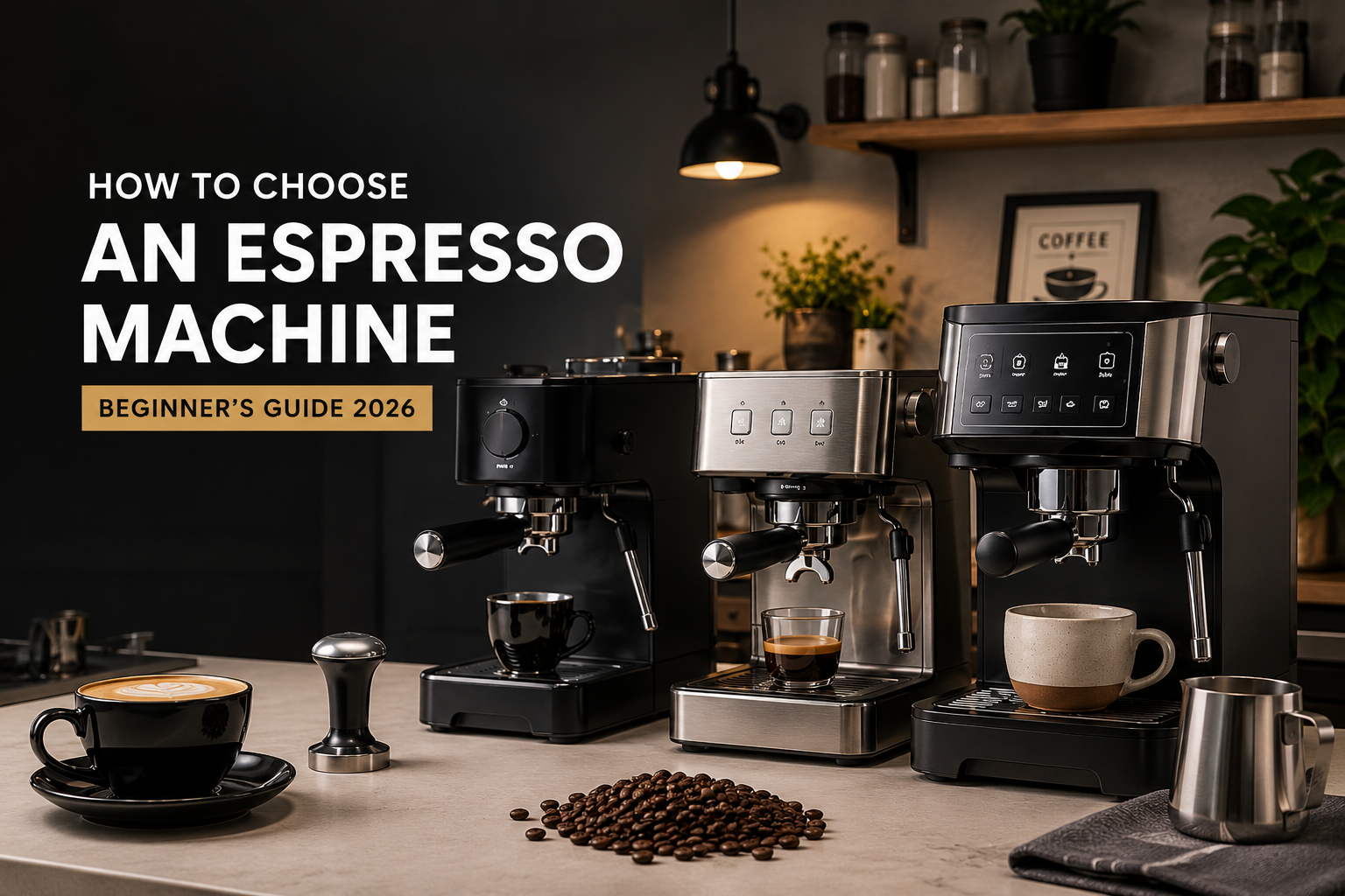 How to choose an espresso machine for home use with different espresso machines displayed on a modern kitchen countertop