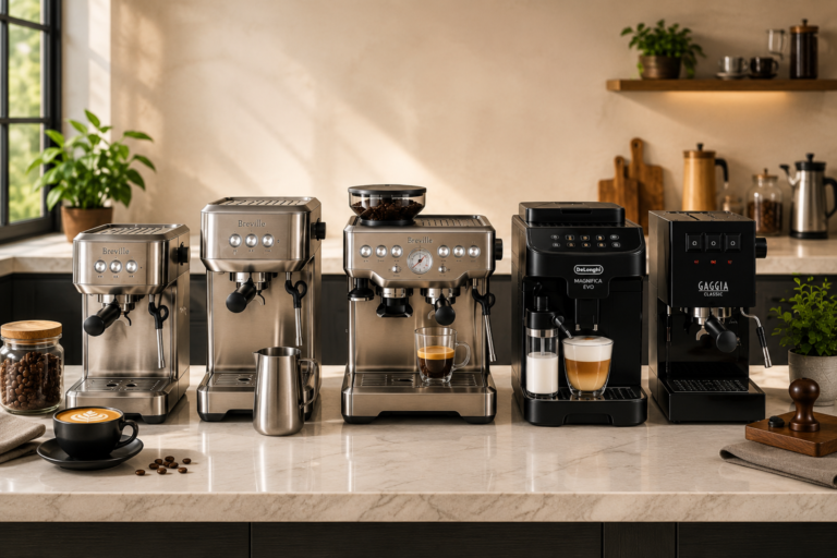 Best espresso machines for beginners displayed in a modern home coffee setup