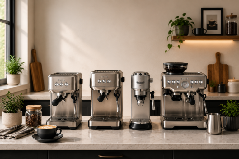 Compact espresso machines displayed in a modern small kitchen coffee setup