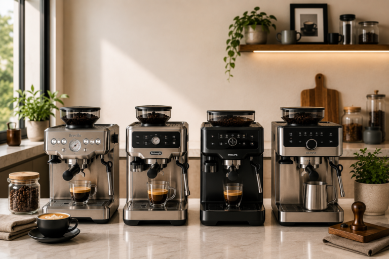 Espresso machines with built-in grinders displayed in a modern home coffee station